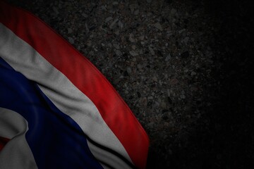 nice dark image of Thailand flag with big folds on dark asphalt with free place for your content - any celebration flag 3d illustration..