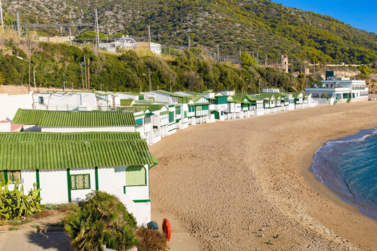 Panoramic views of the old fishermen's huts on the beach of Garraf, Catalonia, Spain