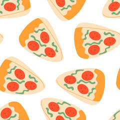 Seamless pattern with pizza water toy. Summer vector background with swimming beach vacation accessories for floating in sea