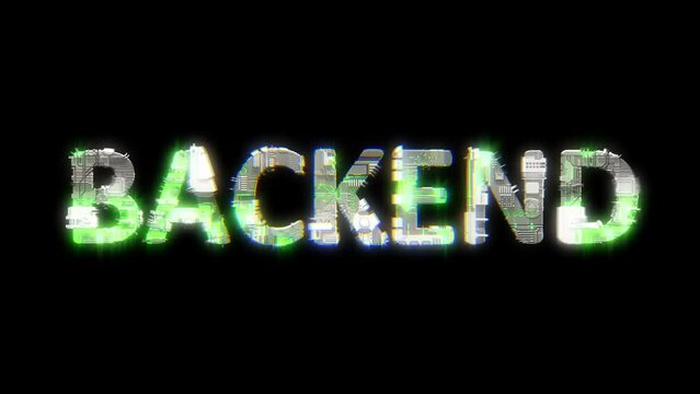 cybernetic text BACKEND with chromatic aberrance and glitch effects, isolated