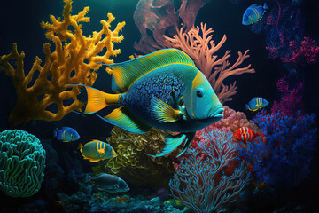 Fototapeta na wymiar Tropical vegetation and colorful exotic fish float in a deep blue aquarium. Generative AI