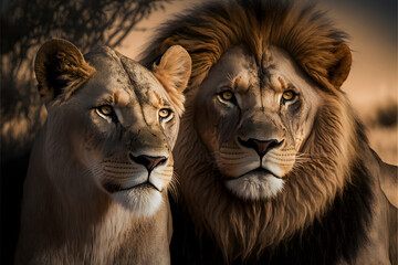 potrait of majestic african lion couple, love,  illustration digital generative ai design art style