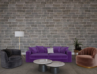 modern living room with purple couch, 3d render
