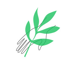 Hand with a green branch. Nature conservation sign, nature conservation day. Suitable for print on t-shirt and design flyers and postcards surface design. Vector