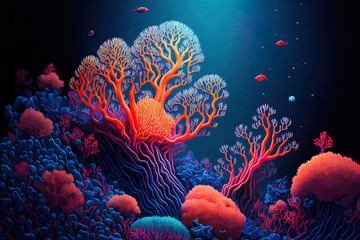 a coral reef underwater, coral polyps, and a blue backdrop. Generative AI