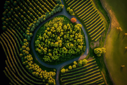 At sunset, a top down aerial photograph shows a lush summer vineyard. Generative AI