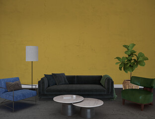 Modern living room with black sofa front of the yellow wall, 3d render