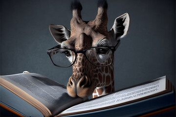 giraffe with glasses reading a book, illustration digital generative ai design art style - obrazy, fototapety, plakaty