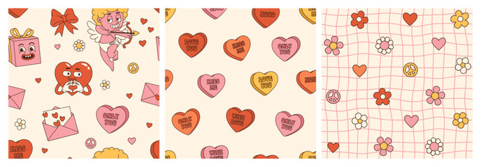 Fototapeta Groovy lovely hearts stickers. Love concept. Happy Valentines day. Funky happy heart character in trendy retro 60s 70s cartoon style. Vector illustration in pink red colors. obraz