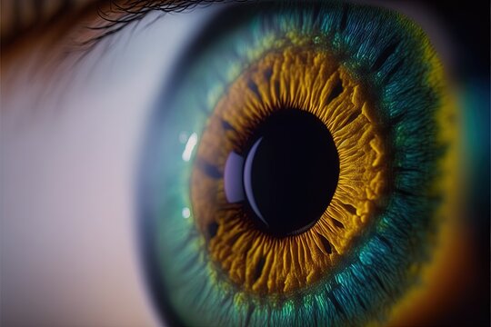  a close up of a yellow and blue eye with a black iris and a black circle around the iris of the eye, with a black circle around the outside of the iris of the eye. Generative AI