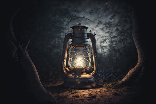  a lantern lit up in the dark with a tree in the background at night time with a full moon in the sky above it and a dark forest with a few branches and a few leaves.