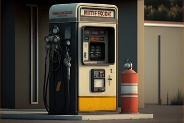  a cartoon of a gas pump and a fire hydrant in front of a building with a sign that says nite fock on it's front of it and a yellow and a red fire hydrant. - obrazy, fototapety, plakaty