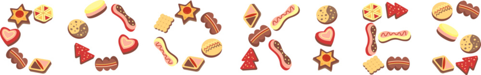 Word made up of various cookies. Vector isolated lettering composition. 