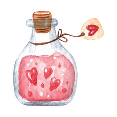 Hand drawn watercolor bottle with love poison. Symbol of romance, love, valentine day for cards, stickers, logo, invitations