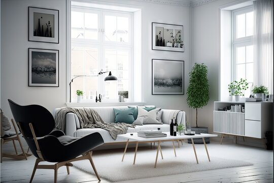  a living room with a couch, chair, coffee table and pictures on the wall above it and a coffee table with a vase on it in front of a white floor with a white.