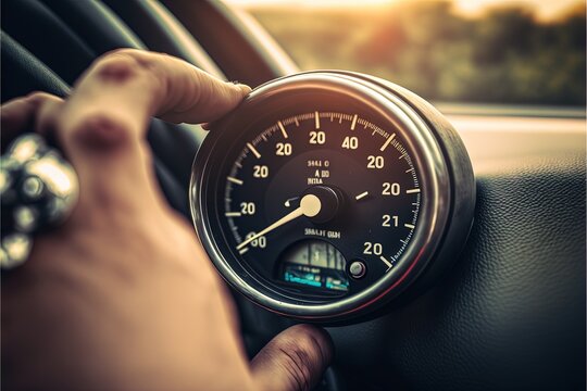  a person holding a speedometer in their hand while driving a car at sunset or dawn time with the sun setting behind them and the speedometer in the car's hand, with.