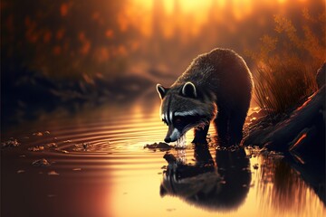 Fototapeta  a raccoon is drinking water from a pond at sunset or dawn, with a reflection of its face in the water and a tree in the background, with a yellow light,. obraz