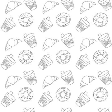 Dessert seamless hand drawn pattern on white background. Donut, croissant, coffee glass. Design for menu restaurant, coffee shop, confectionery, pastries, bakery. Vector image of an outline doodle.  