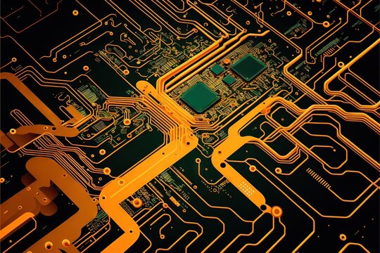  a computer circuit board with yellow and black lines and dots on it's surface, with a yellow and black background and a yellow strip of yellow lines running across the top of the circuit board.