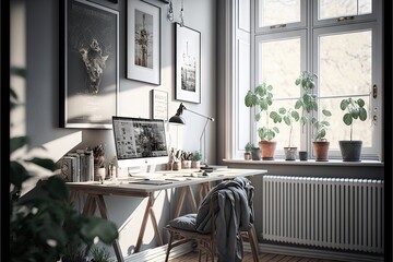  a desk with a computer and a plant in a room with a window and a radiator on the wall and a radiator on the wall with a clock on it, and a blanket on the floor.