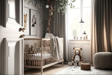  a baby's room with a teddy bear and a crib in it, and a tree in the corner of the room, and a window with curtains and a curtained curtained window.
