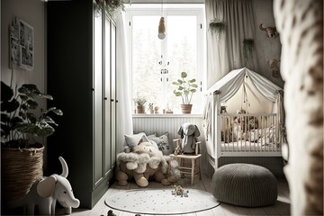  a baby's room with a crib, rocking horse, and stuffed animals in it, and a window with curtains and curtains, and a rug on the floor is decorated with a rug.
