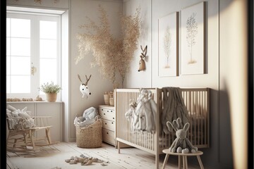  a baby's room with a crib and a rocking horse in the corner of the room and a deer wallpaper on the wall and a window behind the crib and a rocking chair. Generated with AI