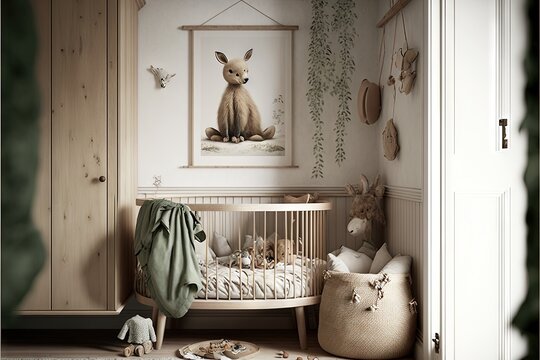  a baby's room with a crib and a deer picture on the wall and a stuffed animal on the floor and a stuffed animal toy in the crib and a wooden cabinet.