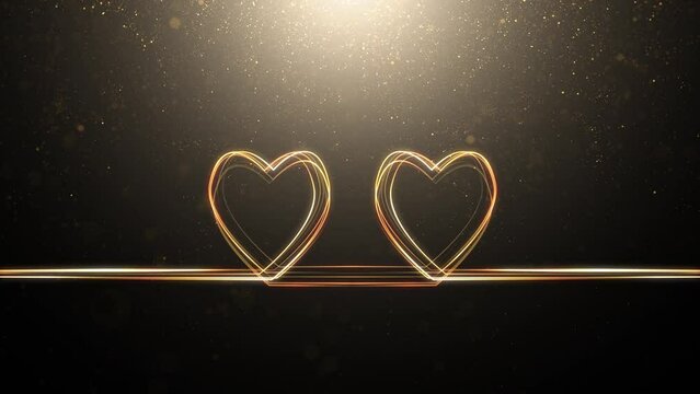Abstract Valentine's day hearts shape seamless loop lines on gold colored shine flicker particles animation background.