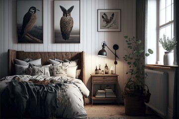  a bedroom with a bed, a window, a lamp and pictures on the wall above it and a table with a lamp on it and a lamp on the side table with a lamp.