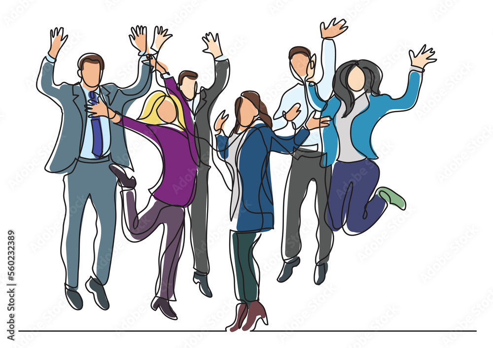 Wall mural continuous line drawing happy business team jumping joy - png image with transparent background