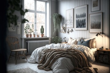  a bedroom with a bed, a chair, a window and a radiator in it with plants on the wall and a radiator in the corner of the room with a radiator.