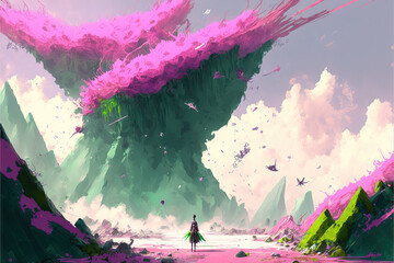 a warrior standing in front of big hills in pink, green themed art, generative ai technology
