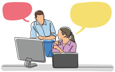 continuous line drawing office workers discussing problem professionals  - PNG image with transparent background