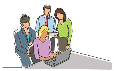 continuous line drawing office workers discussion with laptop computer  - PNG image with transparent background