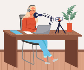 Podcaster woman character in office room interior. Girl listening audio podcast and speaking at live streaming use smartphone and laptop on her vlog. Podcaster making, blogger, technology concept