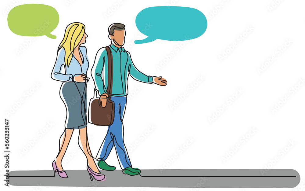 Wall mural continuous line drawing two co workers walking talking together speech bubbles - png image with tran