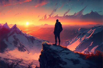  a man standing on top of a mountain looking at a sunset over a mountain range with a person standing on top of a mountain looking at the sunset over the mountain to the horizon,.