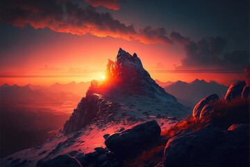  a mountain with a sunset in the background and a red sky above it with clouds and a sun setting behind it, with a red and orange hue in the sky with a red and.