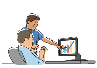 continuous line drawing two coworkers discussing work on screen   - PNG image with transparent background