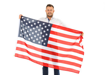 Man with USA flag, isolated on white background.