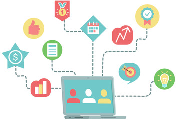 Modern technology, social media, communication in global computer networks. Mind map concept. Storage, protection and reproduction of information, laptop with infographics, comment reaction icons