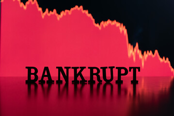 BANKRUPT letter tiles backlit by stock market in bear market red 