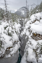Snow covered Marble Canyon in Kootenay National Park, British Columbia, Canada