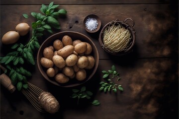 Obraz na płótnie Canvas a bowl of potatoes, parsley, garlic, and other ingredients on a table top with a whisk and a whisk of salt on the side of the bowl,.