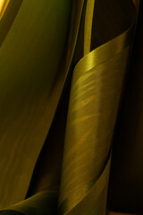 Abstract background. Swirling roll of green satin fabric.Selective focus.