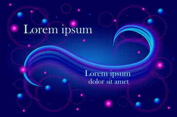 Abstract waves on dark blue background with pink spheres and glowing circles. Design for wallpaper, poster, banner, cover. Vector image with place for text. Presentation
