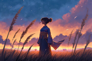 a classic beautiful anime girl in kimono standing in a big field of wheat, manga artwork at sunset, generative ai technology
