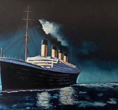 a sad oil painting of the titanic on her last night, ice cubes in water, generative ai technology
