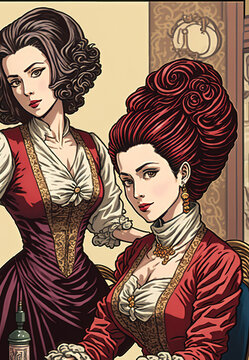 two beautiful women making their hair, stylize salloon in a classic vintage artwork, generative ai technology
